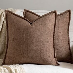 SET OF 2 Textured Brown Herringbone Linen Decorative Pillow Covers Size 22x22